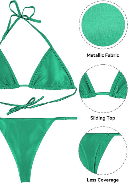 Women'S Metallic Halter Bikini Shiny String Two Piece Swimsuit Triangle Thong Bathing Suit