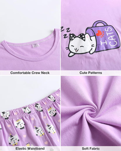 Young Girls Pajama Cute Cat Pattern Nighty Comfy Shorts Cotton Sleepwear
